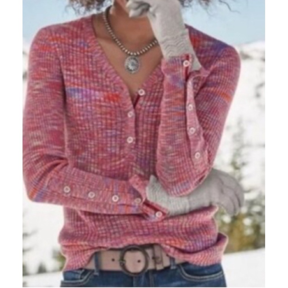 Sundance Multi Color Ribbed Henley Long Sleeve Lettuce Hem Buttons, size Medium